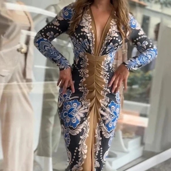 Deep V Draped Slim Office Dress Summer Printed Patchwork Long Sleeved PartyDress - Picture 4 of 7